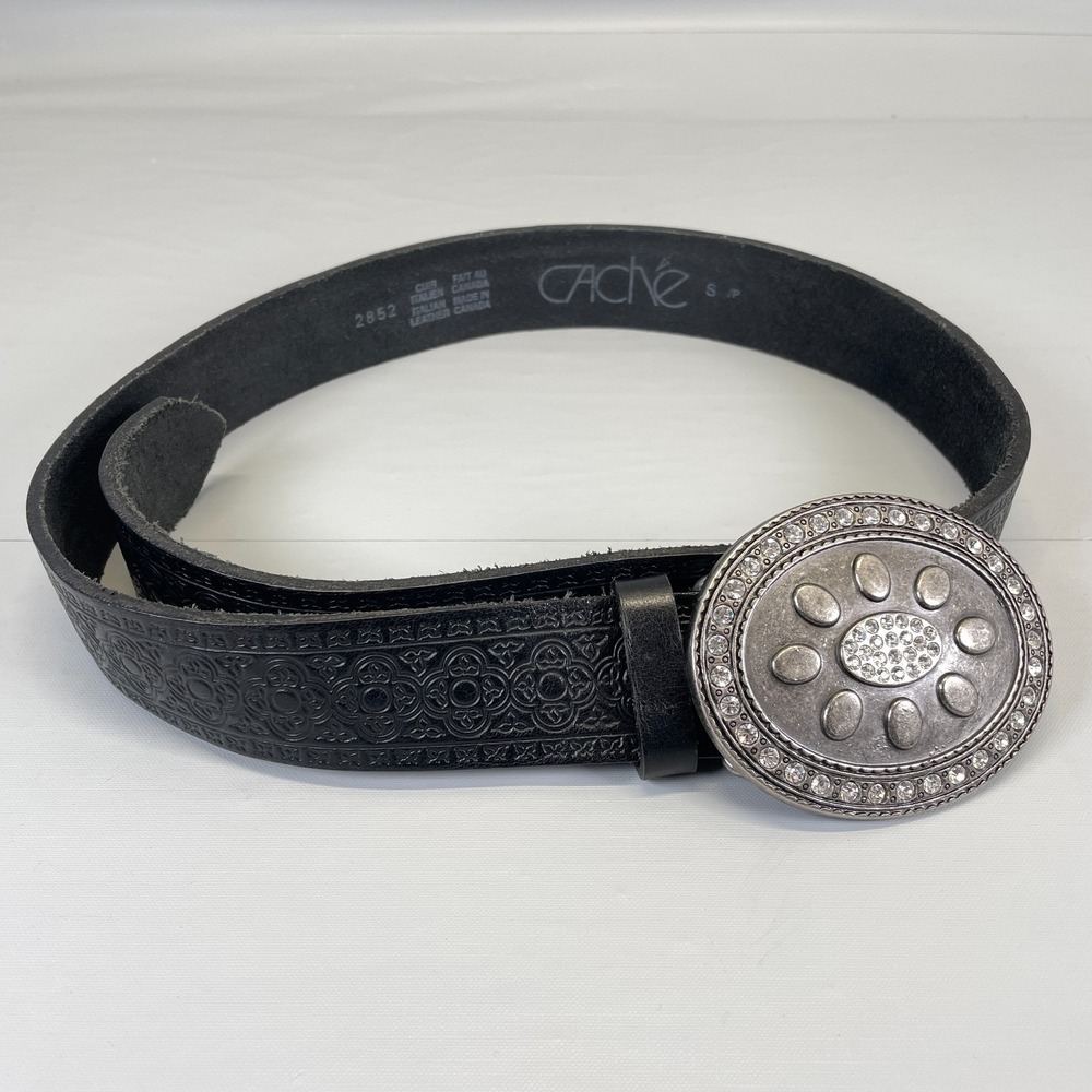 Cache Women's Belt Size Small Black Leather Rhinestone Buckle Western - Canada